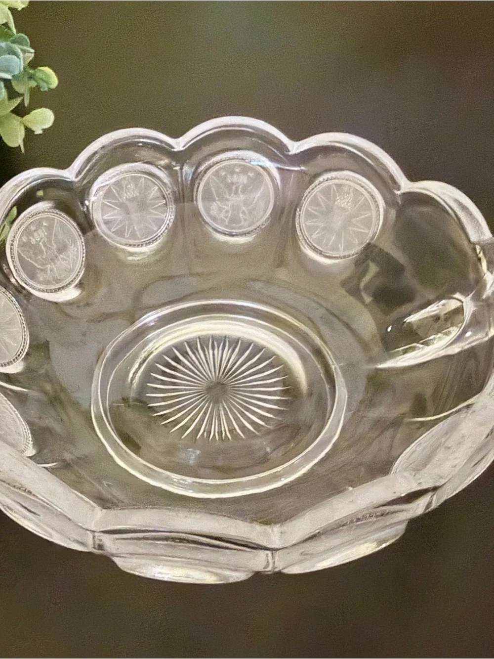 FOSTORIA, COIN GLASS, NAPPY BOWL WITH A FROSTED, PRESSED GLASS COIN MOTIF